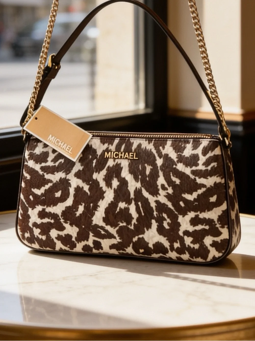 Michael Kors brown & cream Iconic Leopard Print Shoulder Bag leather accents